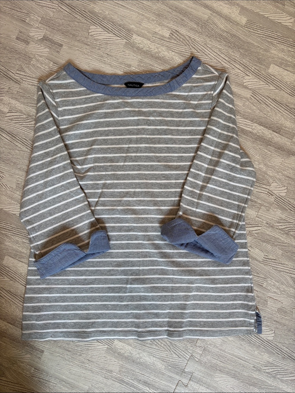 Nautica Gray & White Striped Long Sleeve Top with Blue Trim